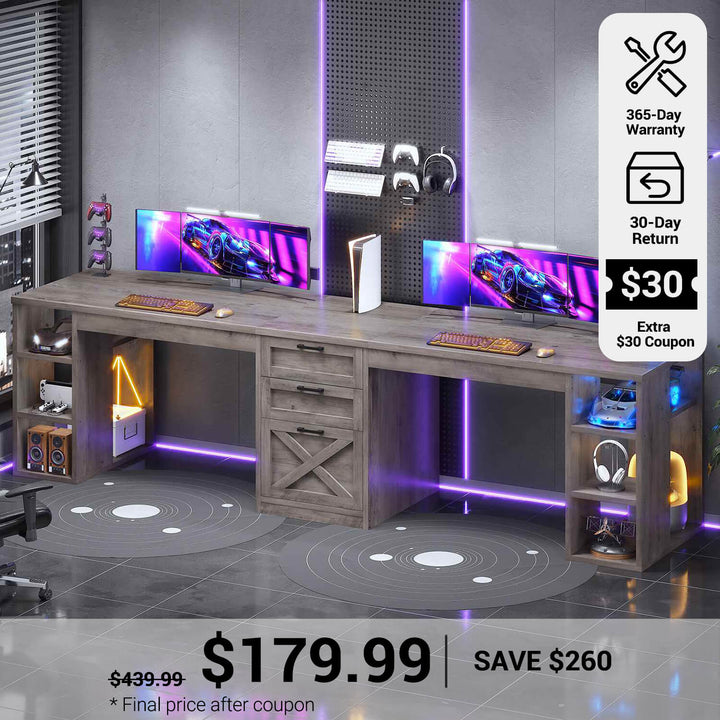 SEDETA® 96.5 Inch Two Person Farmhouse Computer Desk with Drawers and Storage Shelves for Home Office