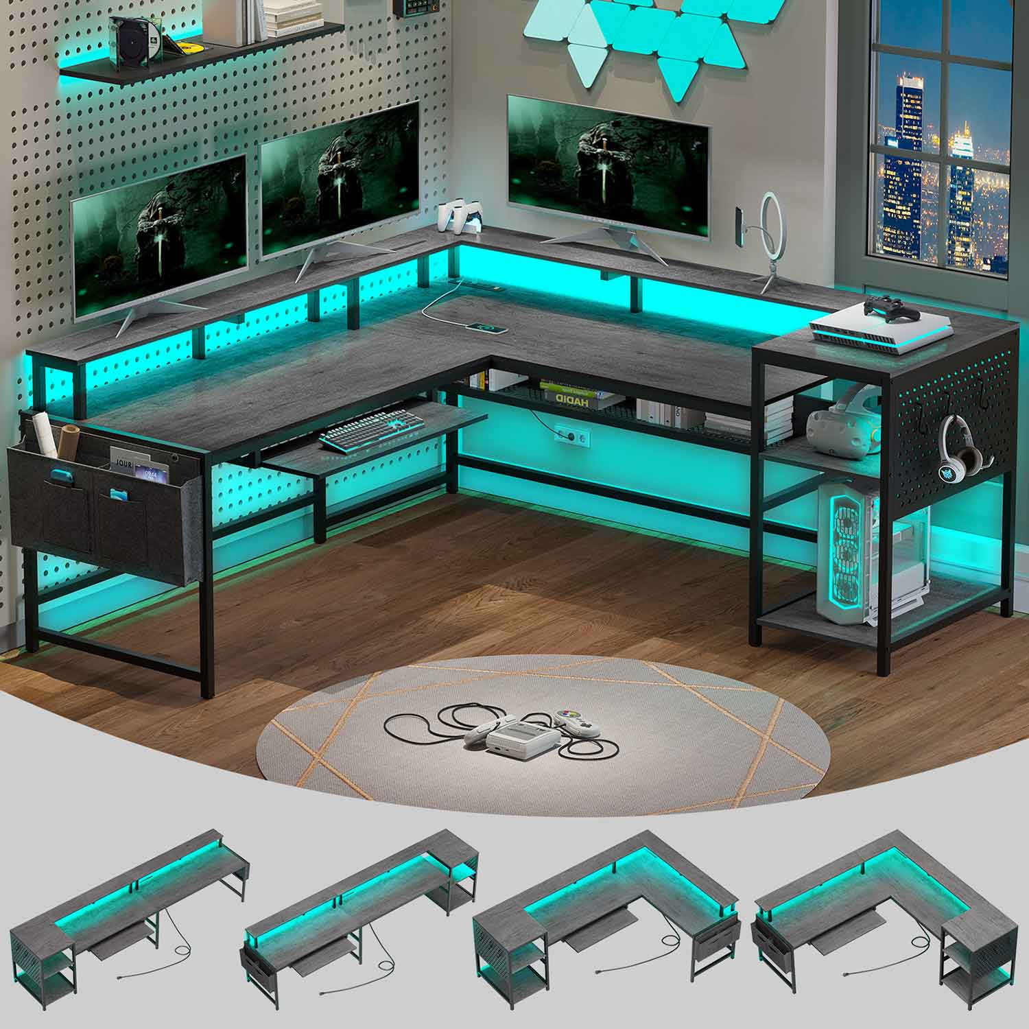SEDETA | 96 Inch Reversible L Shaped LED Gaming Desk with Pegboard and