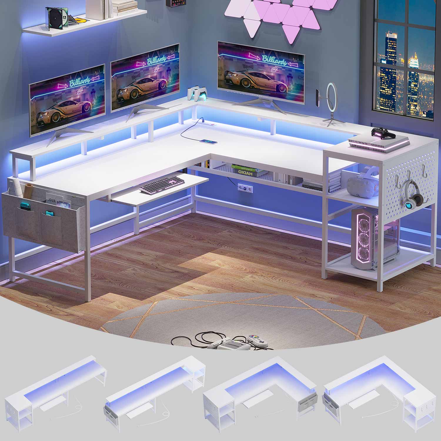 SEDETA | 96 Inch Reversible L Shaped LED Gaming Desk with Pegboard and