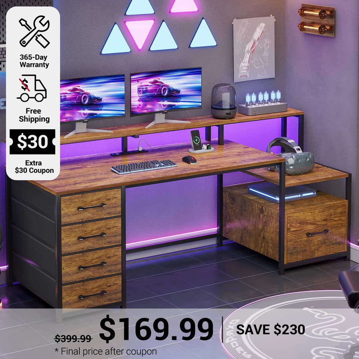 SEDETA 66 Inch LED Gaming Desk Computer Desk with 5 Drawer