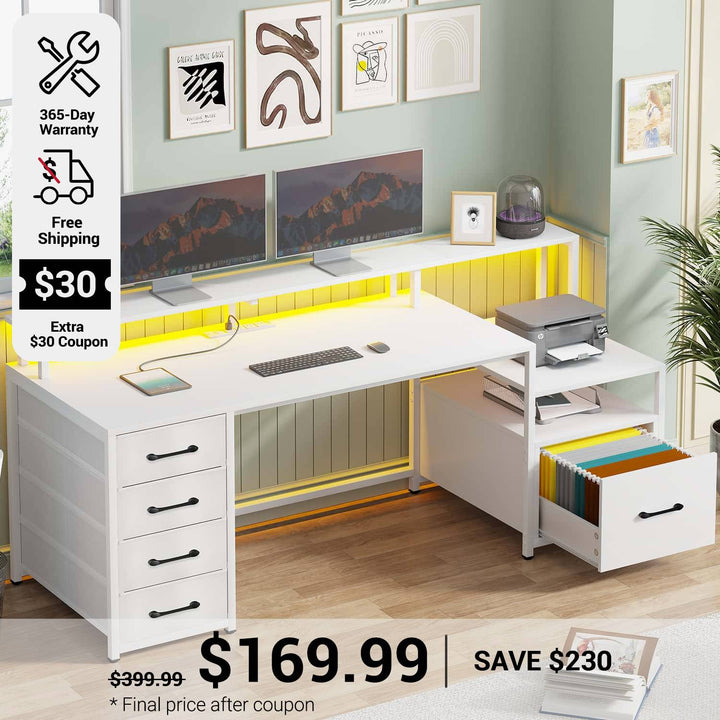 SEDETA 66 Inch LED Gaming Desk Computer Desk with 5 Drawer