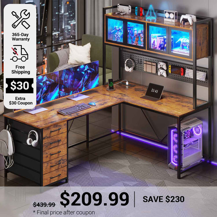 SEDETA 62 Inch L Shaped LED Gaming Desk Computer Desk with Power Outlet Storage Drawers Pegboard