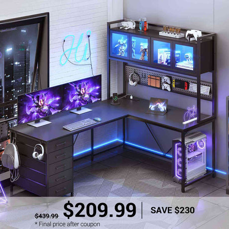 SEDETA 62 Inch L Shaped LED Gaming Desk Computer Desk with Power Outlet Storage Drawers Pegboard