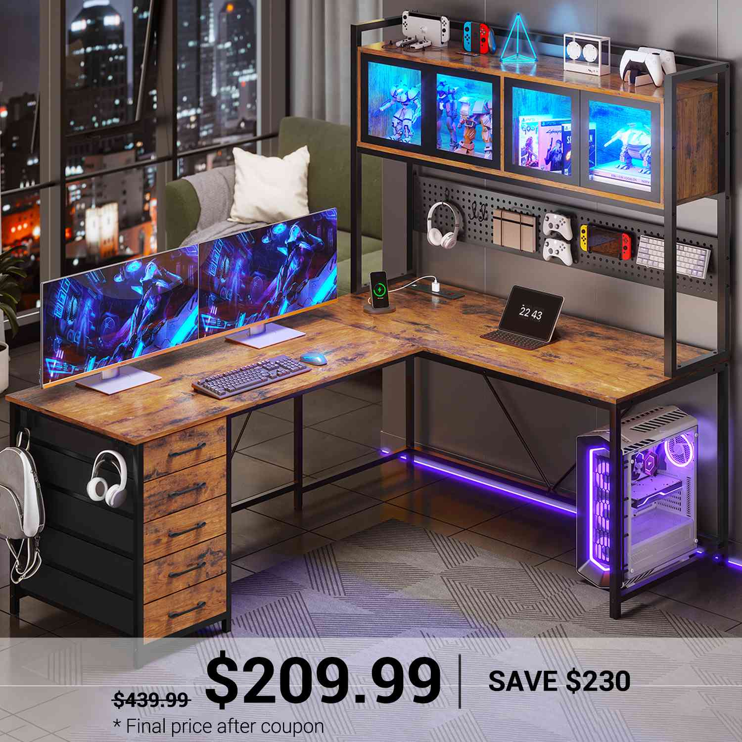 SEDETA 62 Inch L Shaped LED Gaming Desk with Hutch & Pegboard, Corner