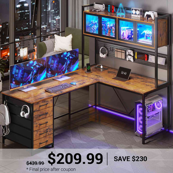 SEDETA 62 Inch L Shaped LED Gaming Desk Computer Desk with Power Outlet Storage Drawers Pegboard