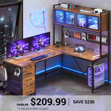 SEDETA 62 Inch L Shaped LED Gaming Desk Computer Desk with Power Outlet Storage Drawers Pegboard