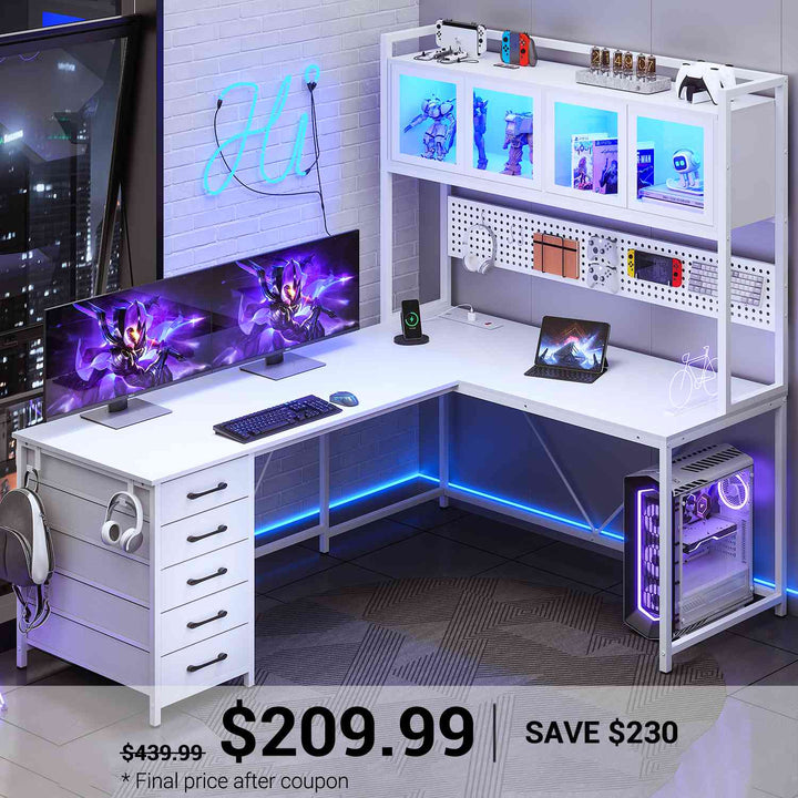 SEDETA 62 Inch L Shaped LED Gaming Desk Computer Desk with Power Outlet Storage Drawers Pegboard