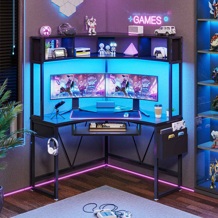 SEDETA Triangle Corner Computer Gaming Desk with Hutch & LED Lights