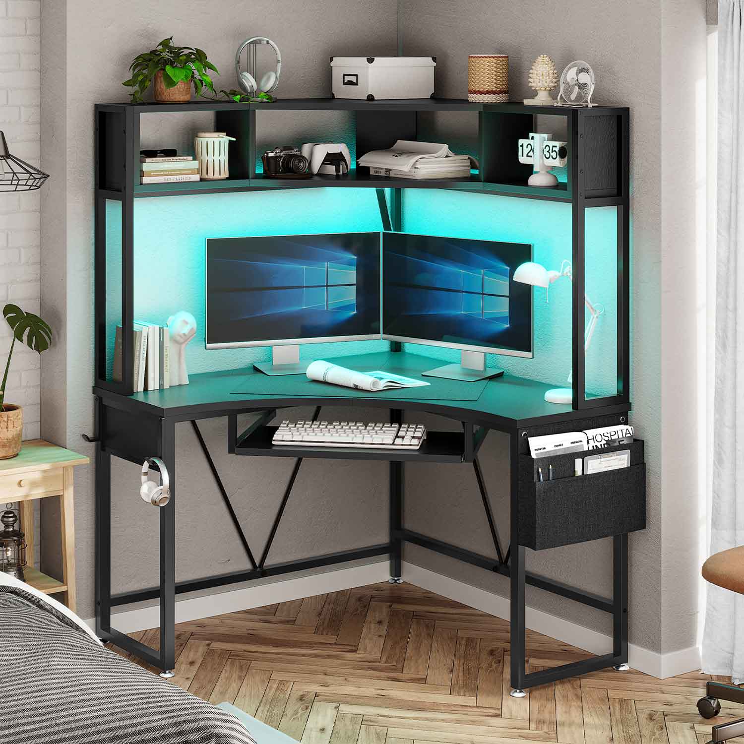 SEDETA® Corner Computer Desk Triangle LED Gaming Desk with Hutch Small