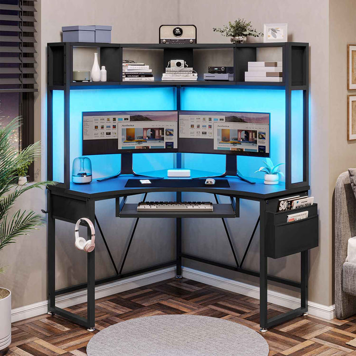 SEDETA Triangle Corner Computer Gaming Desk with Hutch & LED Lights