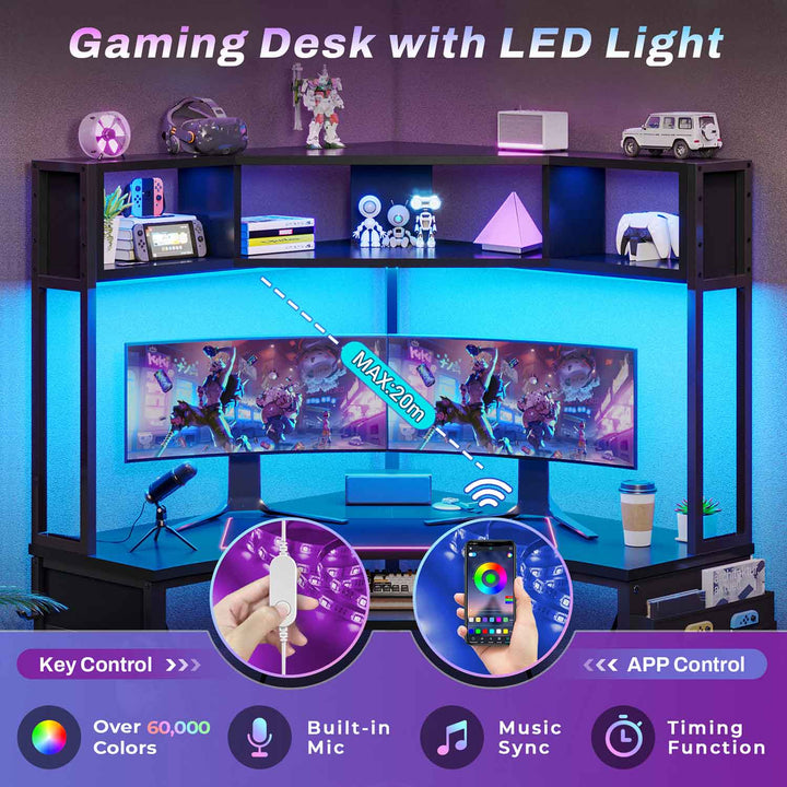 SEDETA Triangle Corner Computer Gaming Desk with Hutch & LED Lights