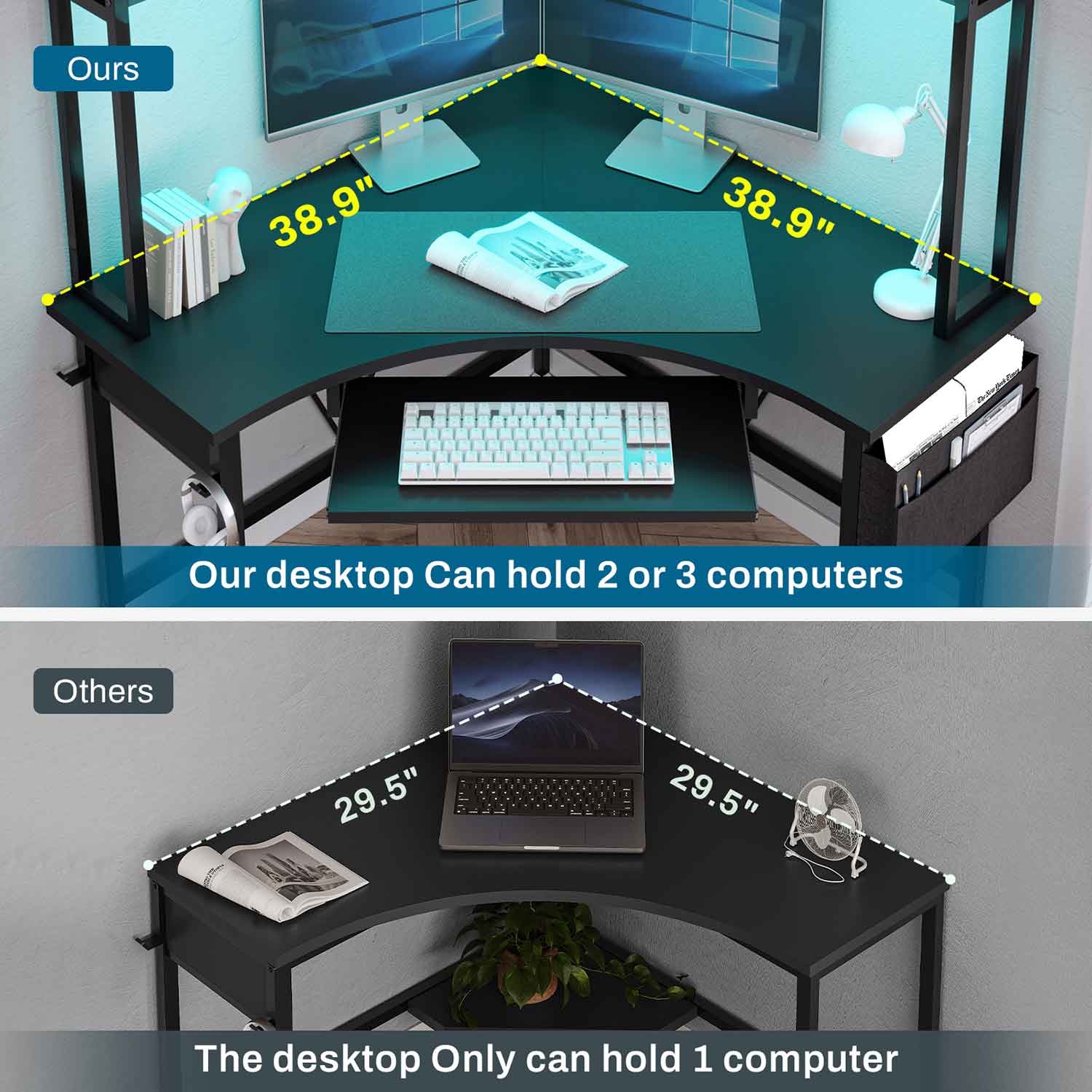 SEDETA Triangle Corner Computer Gaming Desk with Hutch & LED Lights