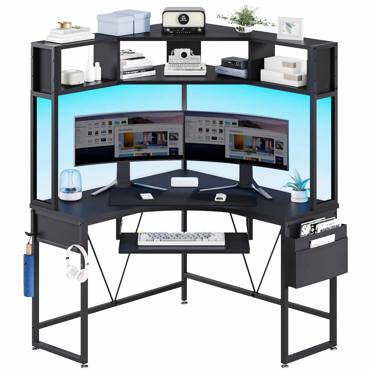 SEDETA Triangle Corner Computer Gaming Desk with Hutch & LED Lights