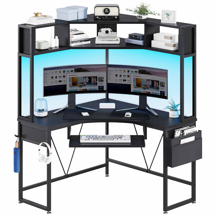 SEDETA Triangle Corner Computer Gaming Desk with Hutch & LED Lights