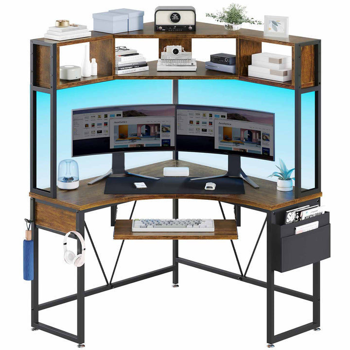 SEDETA Triangle Corner Computer Gaming Desk with Hutch & LED Lights