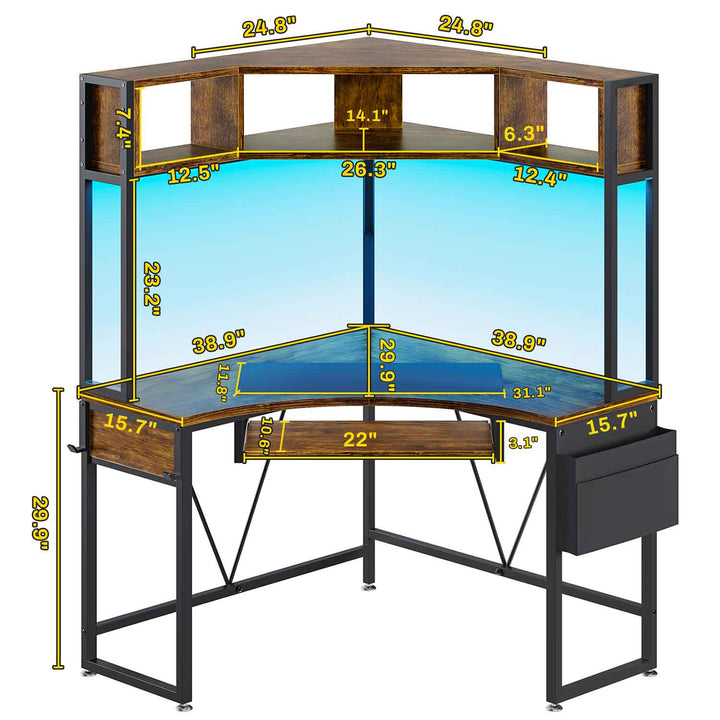 SEDETA Triangle Corner Computer Gaming Desk with Hutch & LED Lights
