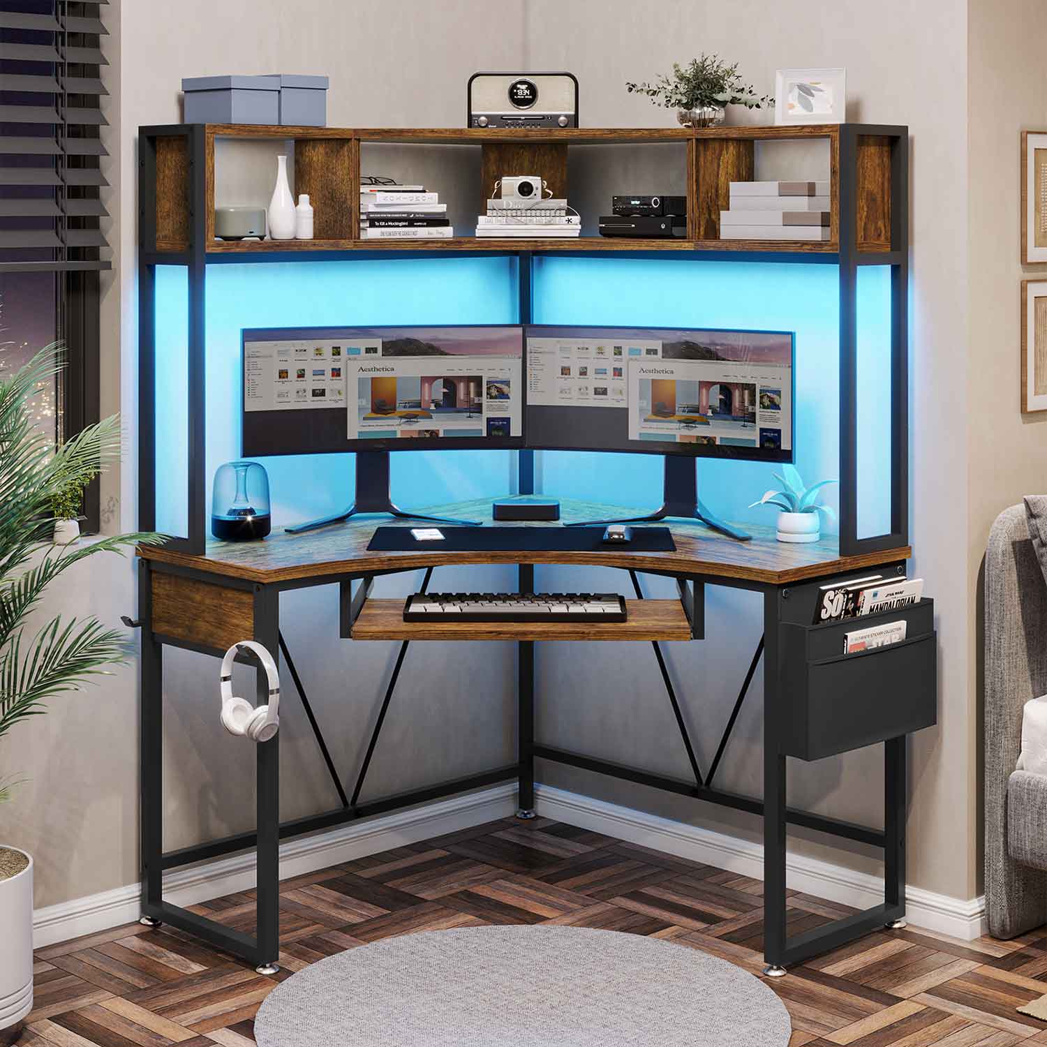 SEDETA Triangle Corner Computer Gaming Desk with Hutch & LED Lights