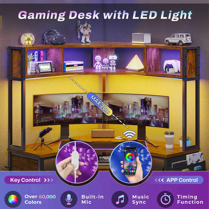 SEDETA Triangle Corner Computer Gaming Desk with Hutch & LED Lights