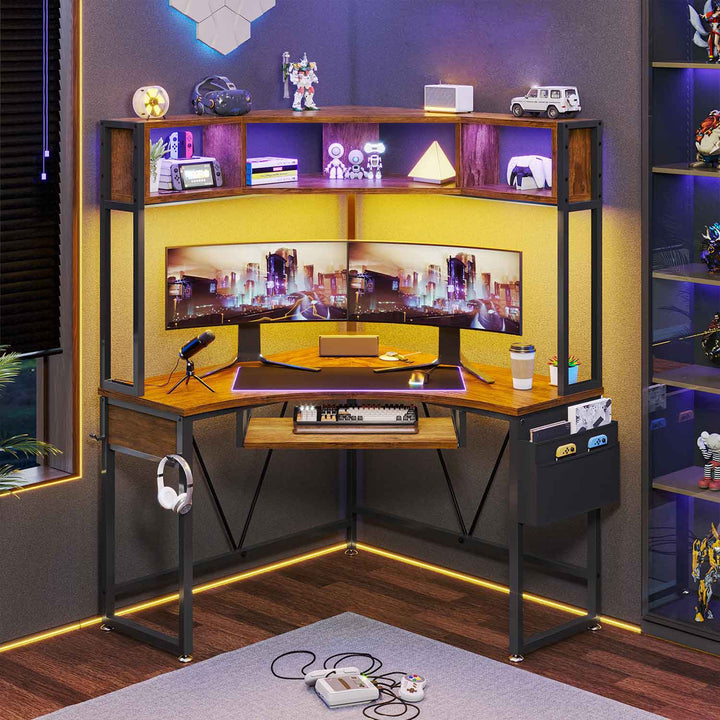 SEDETA Triangle Corner Computer Gaming Desk with Hutch & LED Lights