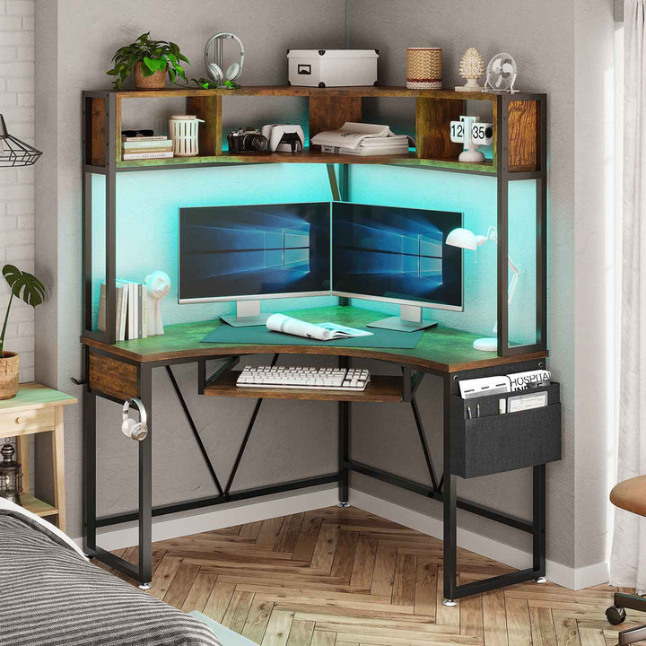 SEDETA Triangle Corner Computer Gaming Desk with Hutch & LED Lights