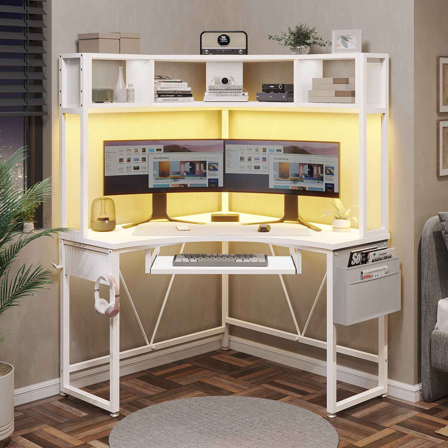 SEDETA® Corner Computer Desk Triangle LED Gaming Desk with Hutch Small