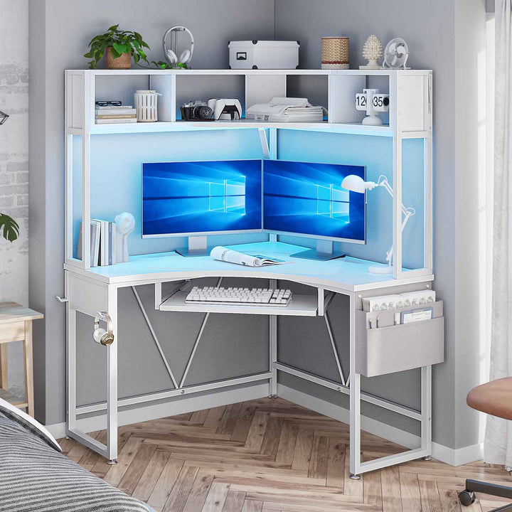 SEDETA Triangle Corner Computer Gaming Desk with Hutch & LED Lights