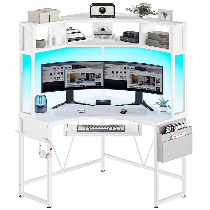 SEDETA Triangle Corner Computer Gaming Desk with Hutch & LED Lights