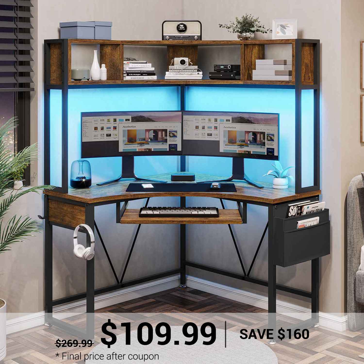SEDETA® Corner Computer Desk Triangle LED Gaming Desk with Hutch Small