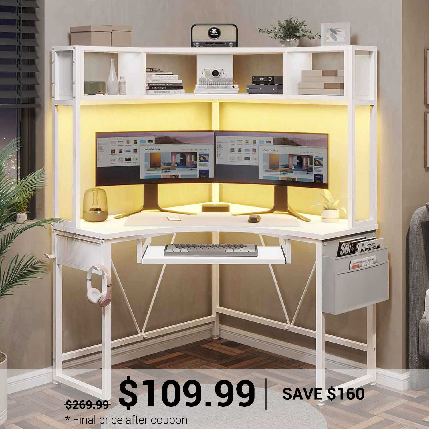 SEDETA® Corner Computer Desk Triangle LED Gaming Desk with Hutch Small