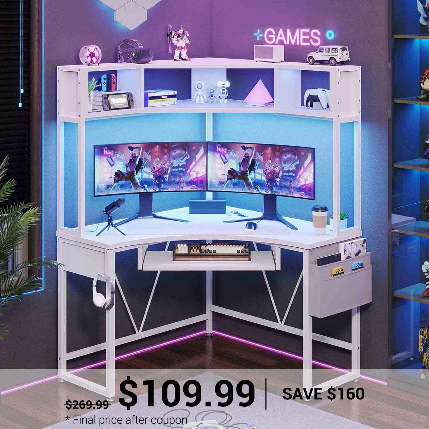 SEDETA® Corner Computer Desk Triangle LED Gaming Desk with Hutch Small