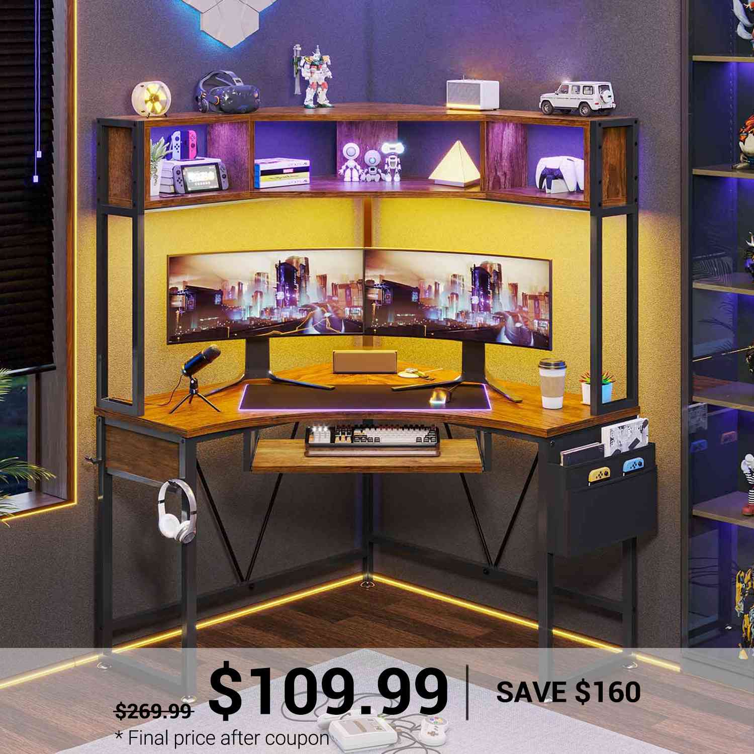 SEDETA | Triangle Corner Gaming Computer Desk with LED Lights for Smal